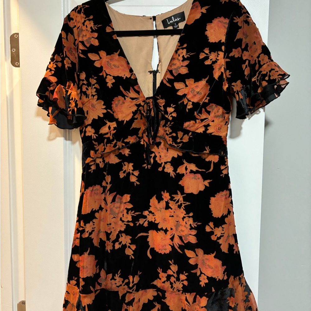 Lulus Black Floral Print Velvet Mini Dress